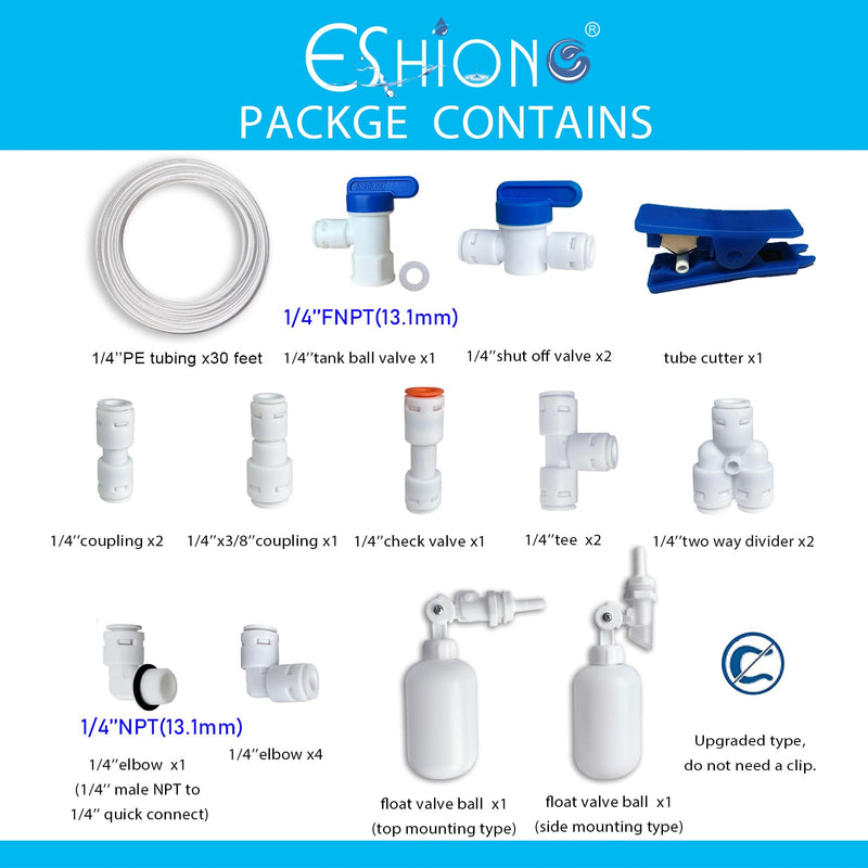 ESHIONG NSF Certified 1/4" O.D. Push to Connect Fittings for RO (Reverse Osmosis) Water Filter（with water float ball valve）19 pcs+30 feet 1/4" Water tubing. 1/4" Float Ball Valve Kit