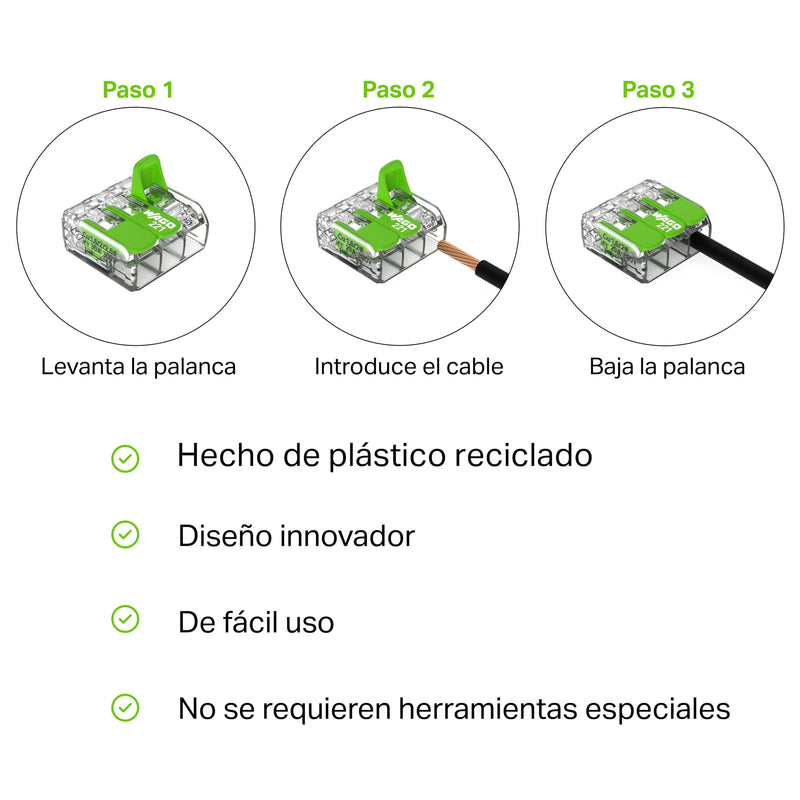 221-422 | WAGO Splicing Connector Green Range | for Solid, Stranded and fine-Stranded Conductors | 2-Conductor with levers | 24-12 AWG | Transparent housing | [100 pcs Box]