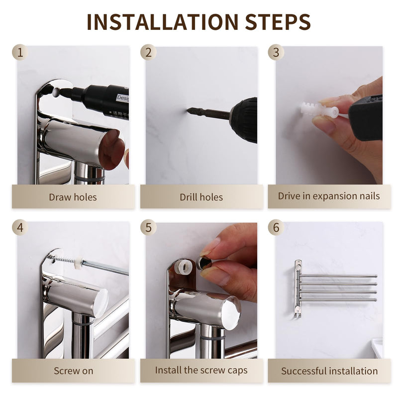 Swivel Towel Rack, 14" Thicken 304 Stainless Steel 4-Arm Adjustable Towel Bar,Wall Mounted Towel Holder with Hook, Space Saving for Kitchen, Bathroom, Outdoor (Silver, 4 Arms) Silver 4-arms