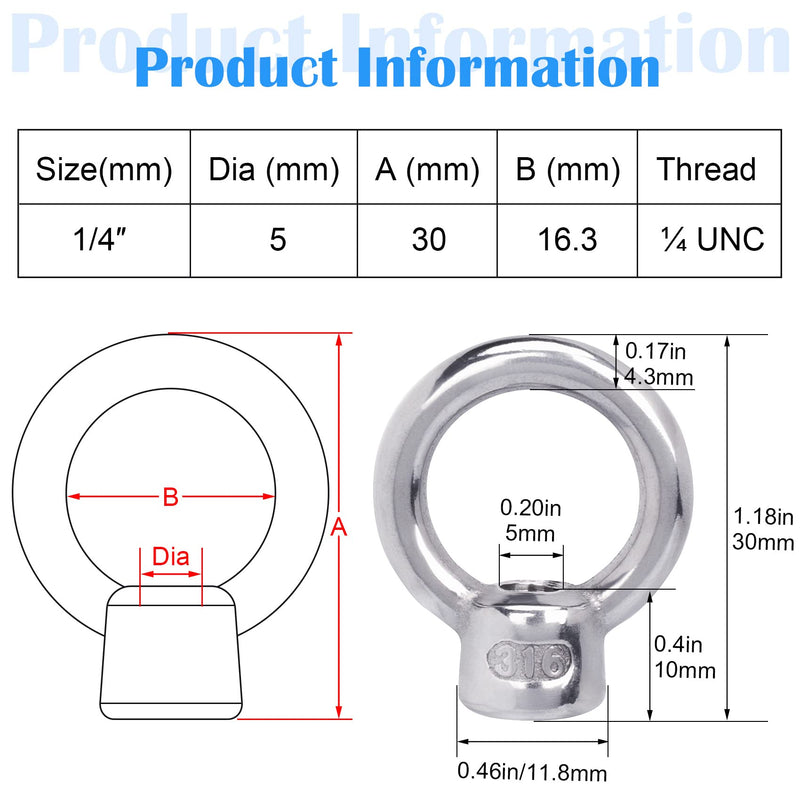 PAGOW 20 Pcs Stainless Steel 316 Lifting Eye Nut, 1/4" UNC Heavy Duty Marine Grade, Hardware Ring Shaped Eye Bolt