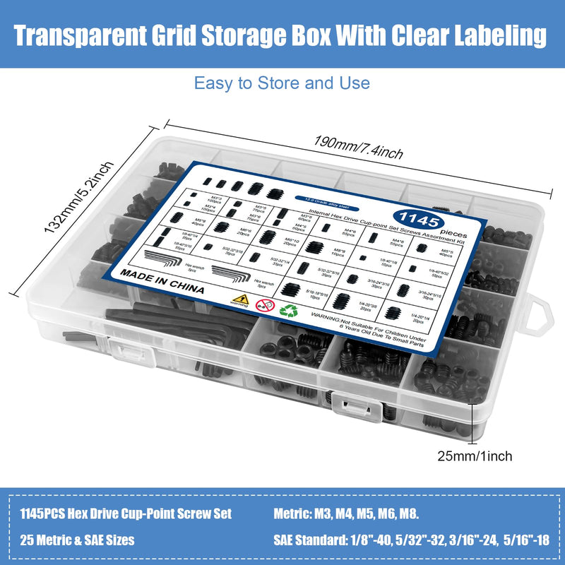 [Australia - AusPower] - 1145PCS 25 Sizes Metric & SAE Set Screw Assortment Kit,12.9 Class Alloy Steel Internal Hex Drive Cup-point Set Screws Assortment Kit with 10 Hex Wrenches, M3 to M8 and 1/8-40 to 5/16-18 1145pcs Internal Hex Drive Allen Grub Screws Set 
