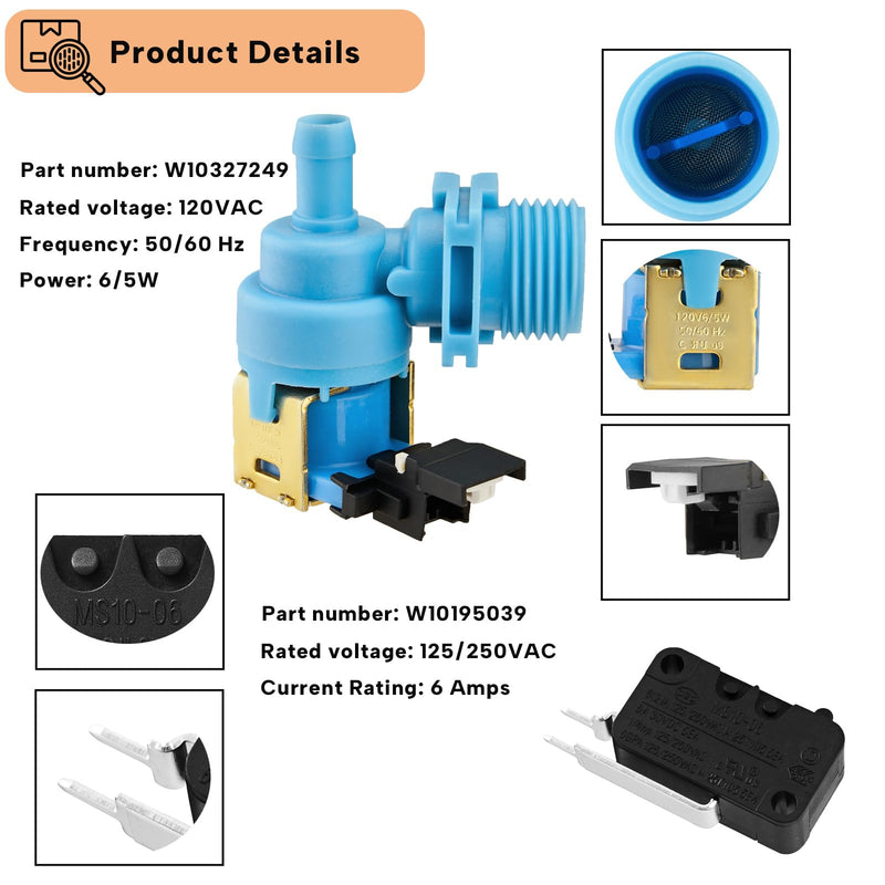 [Australia - AusPower] - (𝟐𝟎𝟐𝟓 𝐍𝐞𝐰) W10327249 Dishwasher Water Inlet Valve & W10195039 Dishwasher Float Switch Assembly Compatible with Whirlpool KitchenAid Kenmore Maytag Dishwasher 3 PCS 
