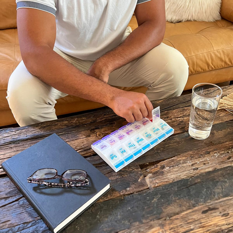 [Australia - AusPower] - EZY DOSE Push Button (7-Day) Pill Case, Medicine Planner, Vitamin Organizer, 2 Times a Day AM/PM, X-Large Compartments, Arthritis Friendly, Clear Lids, Purple and Blue, BPA Free Blue and Purple (Clear Lids) 1 Count (Pack of 1) 