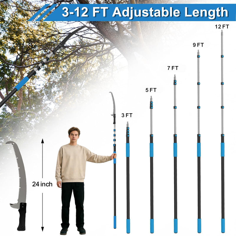 Manual Pole Saw for Tree Trimming, 18FT Reach Telescoping Extension Pole Tree Pruner with 24" Blade, Hand Pole Saw for Cutting High Branches, Detachable Pruning Saw for Garden Yard Maintenance 12FT
