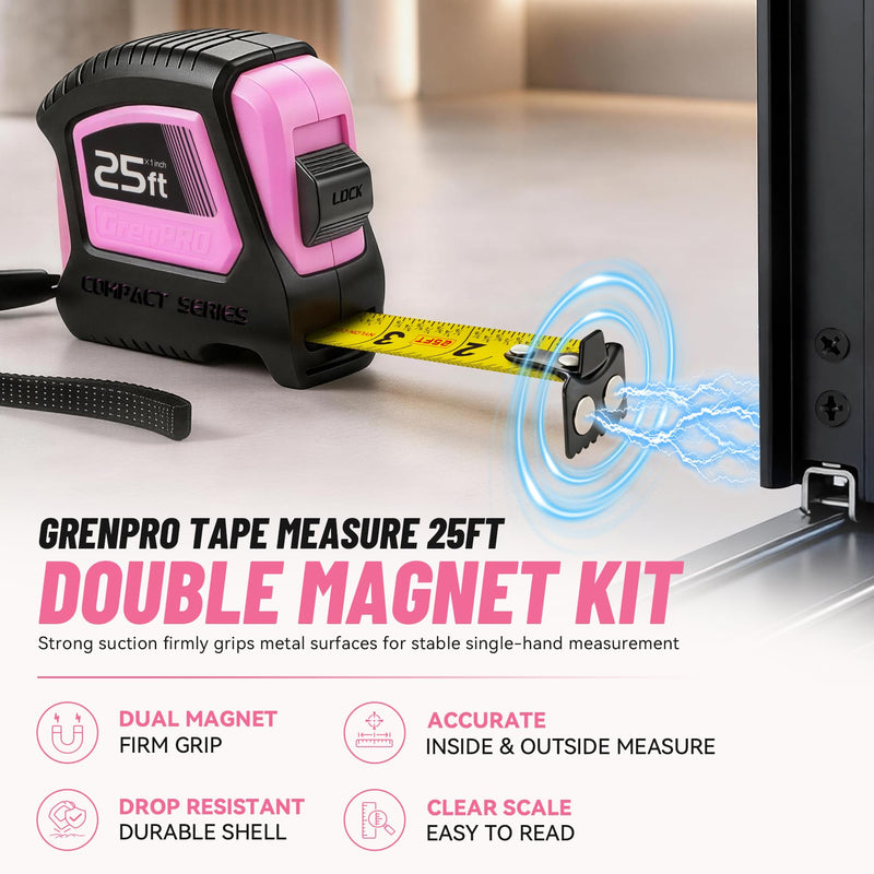 GRENPRO 25FT Magnetic Tape Measure, 1/8 Fractions Easy Read Double Sided Measuring Tape, Retractable Nylon Coated Tape with Magnetic Hook, Shock Absorbent Case for Construction, Carpentry, Woodworking Pink