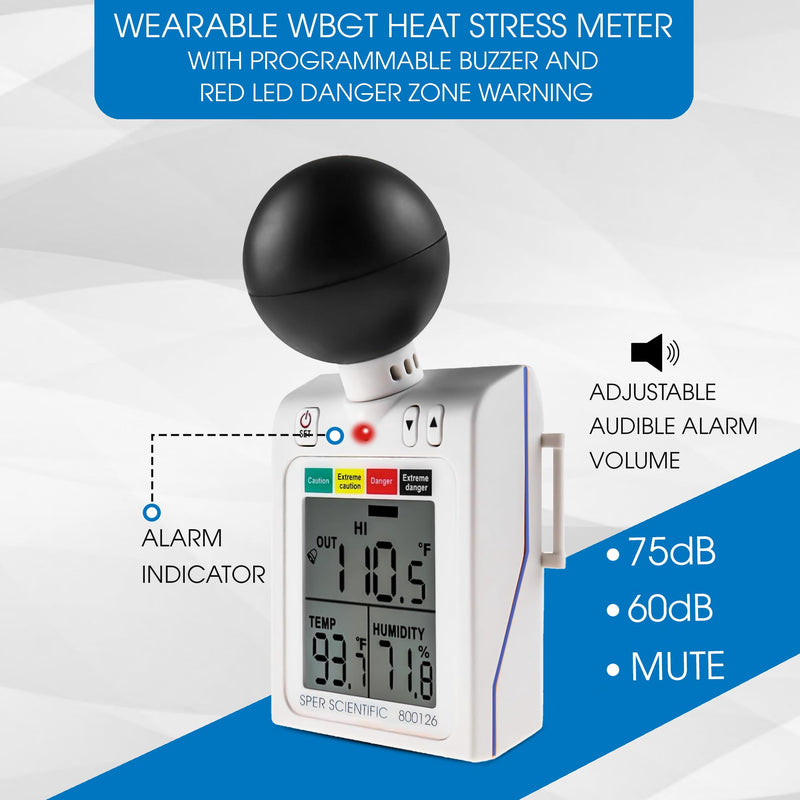 [Australia - AusPower] - WBGT Meter, Heat Stress Monitor for Indoor/Outdoor, Handheld Temperature and Humidity Monitor with RH Meter Digital Level Dangerous Indicator Display - Sper Scientific 800126 