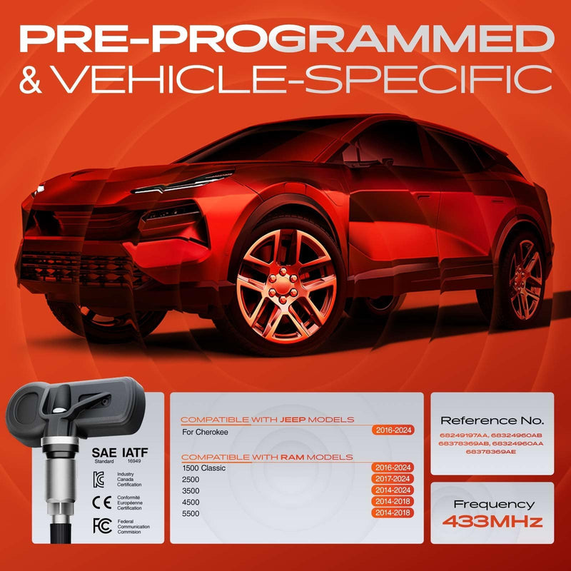 [Australia - AusPower] - A-Premium 4PCS Pre-Programmed TPMS Sensor Tire Pressure Monitoring Sensor - Compatible with Ram & Jeep - 1500 Classic 2016-2024, 2500 2017-2024, 3500 2014-2024, 4500 5500 2014-2018, Cherokee - 433MHz 