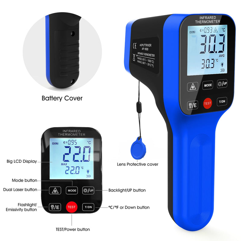 AIOMEST High Temp Thermometer Gun -58℉~2912℉, Pyrometer D:S=30:1 Dual Laser Industrial IR Temperature Meter w/Touch Buttons (NOT for Human Temp) blue