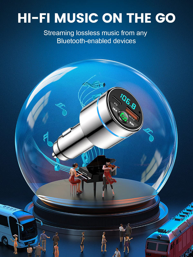 [Australia - AusPower] - FM Transmitter for Car Bluetooth 5.3, [All-Metal] PD 30W & QC3.0 18W Fast Car Charger, Wireless FM Radio Car Kit Bluetooth Car Adapter, Noise Cancelling Hands-Free Call, Blue Light - Silver 