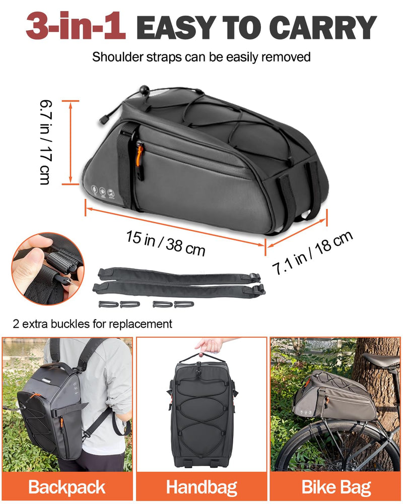 Insulated Rear Bike Rack Bag with Rain Cover, 10L Waterproof Backpack Shoulder Saddle bag for Bicycles, Reflective Cycling Seat Storage Bag for Warm or Cold Items for Camping Travel Outdoor Black+Rain Cover