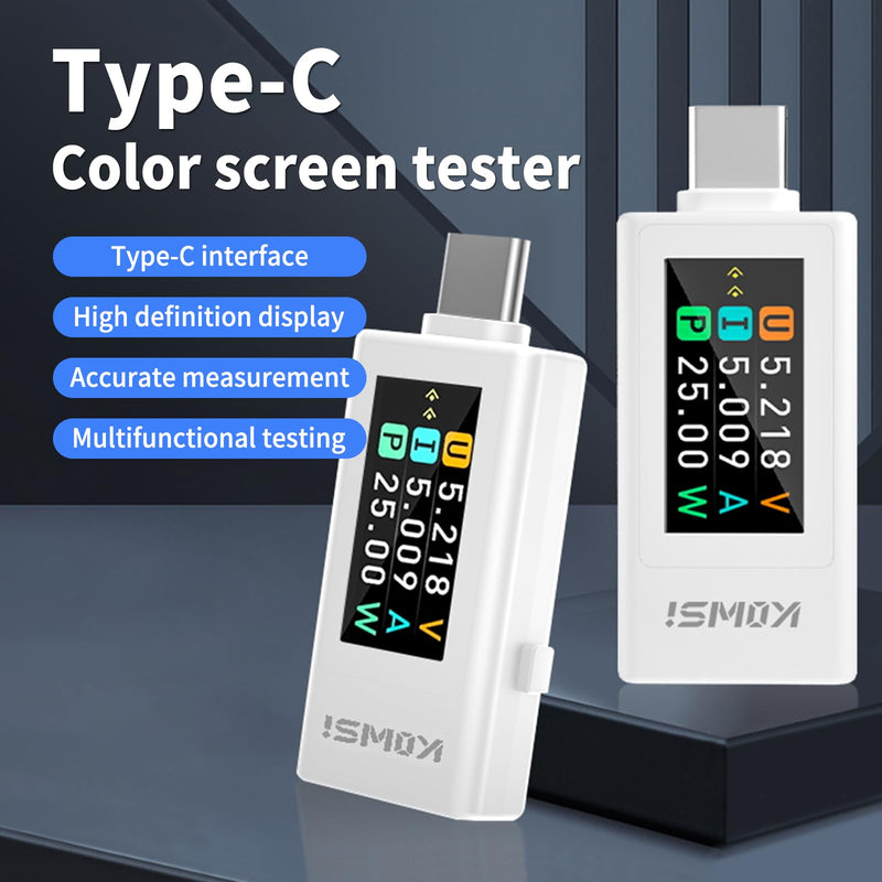 [Australia - AusPower] - USB C Tester Voltage and Current Tester Meter Voltmeter Power Bank Capacity USB Cable Charger Detector with Manual （KWS-1902L White 