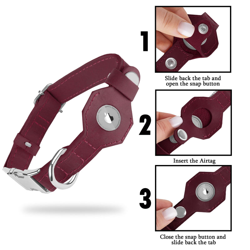 Leather Dog Collar with Airtag Holder - Soft Adjustable Airtag Dog Collar with Metal Buckle - GPS Tracking Apple Air Tag Pet Collar for Small Large Dogs (Burgundy, XL, 20"-25" Neck Fit) Burgundy