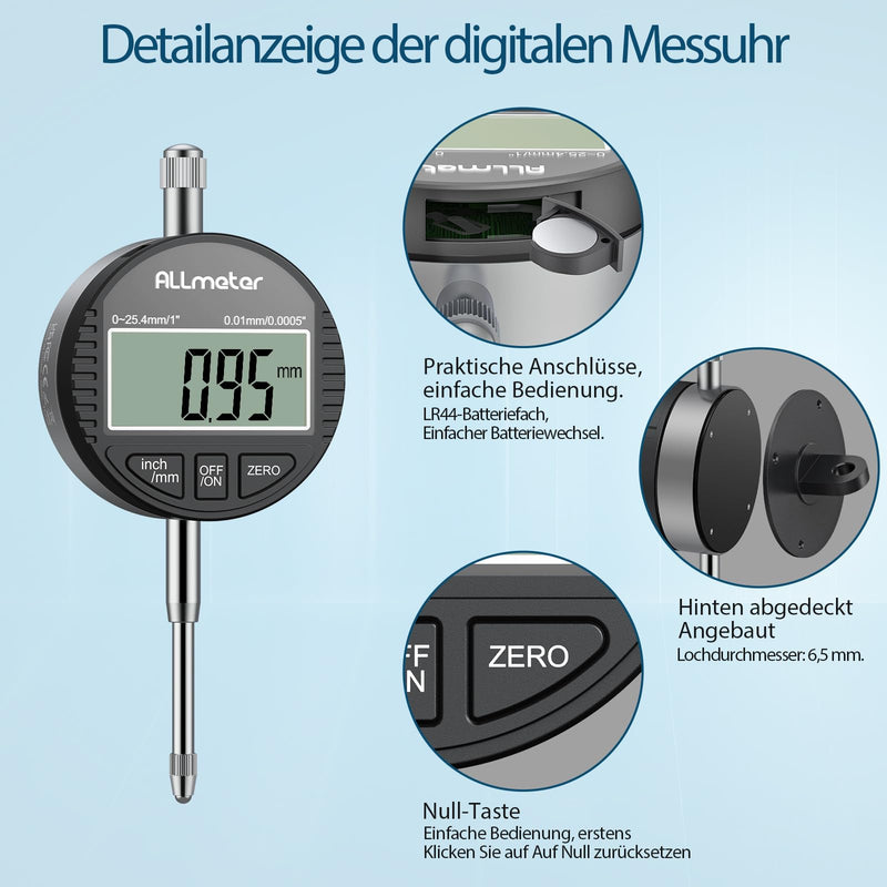Digital Dial Indicator 0.01 mm / 0.0005 inch, Precise Dial Gauge Digital with LCD Display, Measuring Range 0-25.4 mm (1 inch), Switchable Between mm/Inch, Ideal for Mechanical Engineering, 3D Printer Dial Indicator, Black 25,4mm / 0,01mm