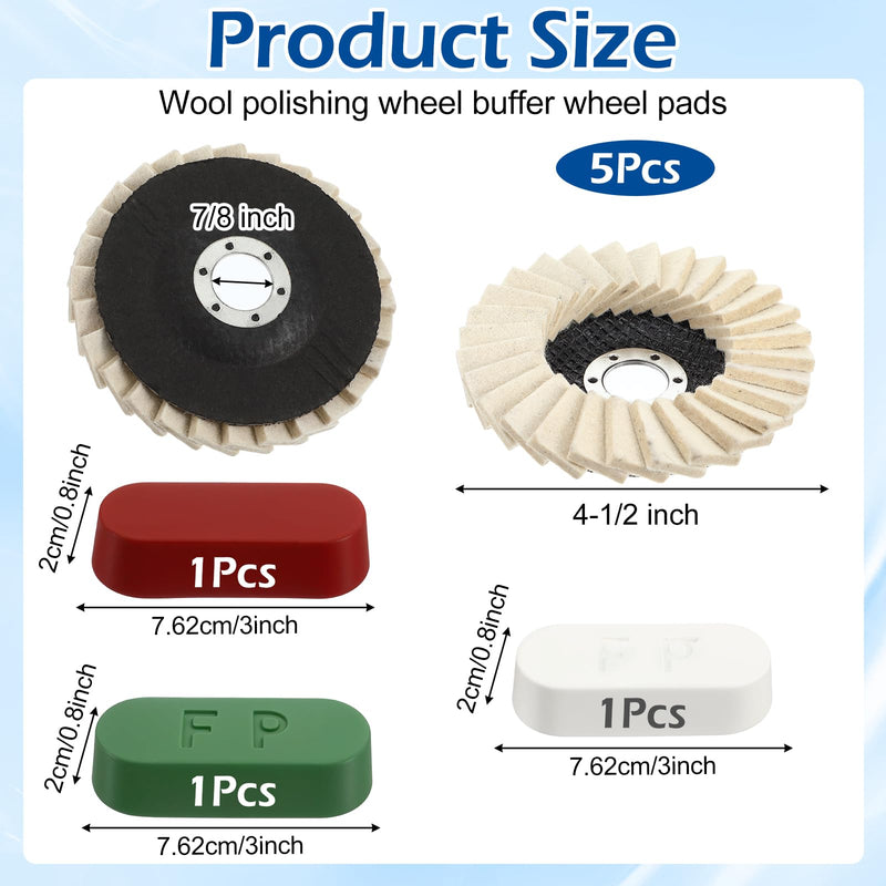 [Australia - AusPower] - 8 Pcs Wool Polishing Wheel Disc and Polishing Compounds Set Includes 5 Thicken Arbor Buffing Wheel 3 Buffing Compound 4 1/2 x 7/8 Inch Felt Flap Disc for Angle Grinder, Multi Surface 
