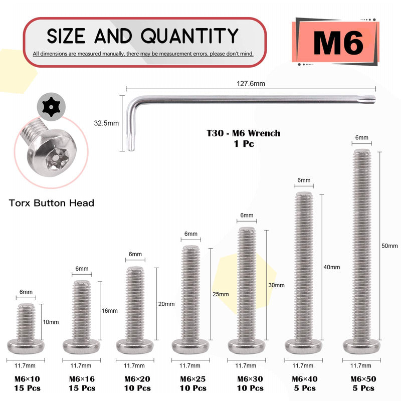 Hilitchi M6 Button Head Torx Security Screws Stainless Steel Tamper Proof Screws w T30 Bit (M6 Assortment Kit-70PCS) M6 Assortment Kit-70PCS