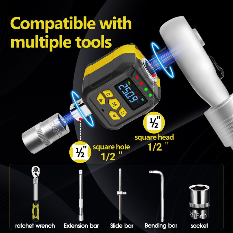 [Australia - AusPower] - Digital Torque Adapter, 1/2-Inch Drive, 17-340 Nm/12-250 Ft-lb, Color LCD Display with 2 Modes, 4 Units, Buzzer & LED Alert 12.5-250ft.lb/17-340Nm 