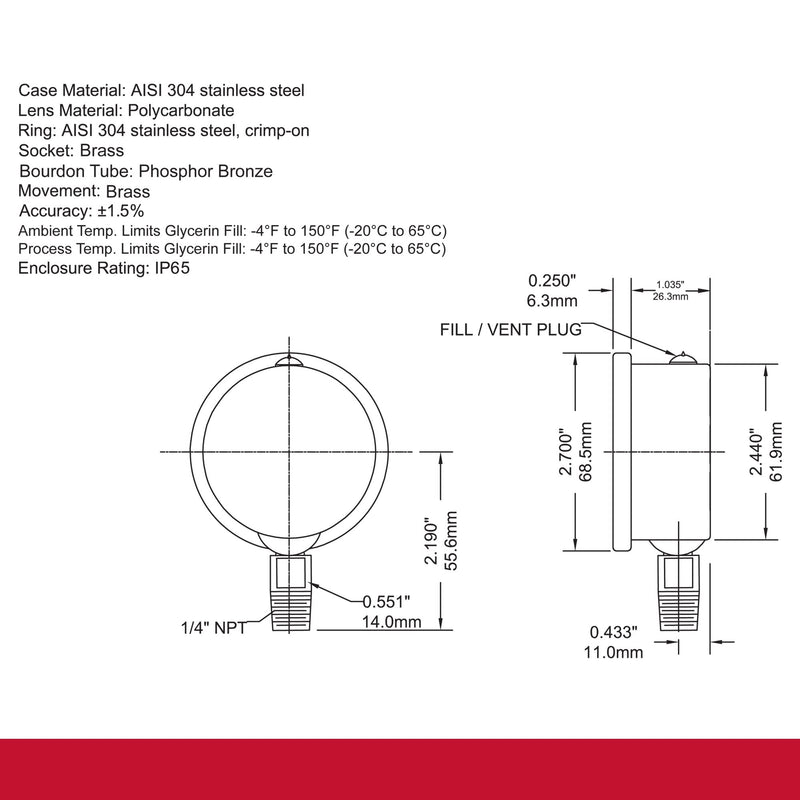 [Australia - AusPower] - Winters 2-1/2" Dial Size, Liquid Filled Industrial Pressure Gauge, Brass Internals, Stainless Steel Case, Dual Scale 0-5,000 psi/kPa, 1.5% Acc, 1/4" NPT Bottom Mount, Glycerin Filled Pressure Gauge 0/5,000 PSI/kPa 