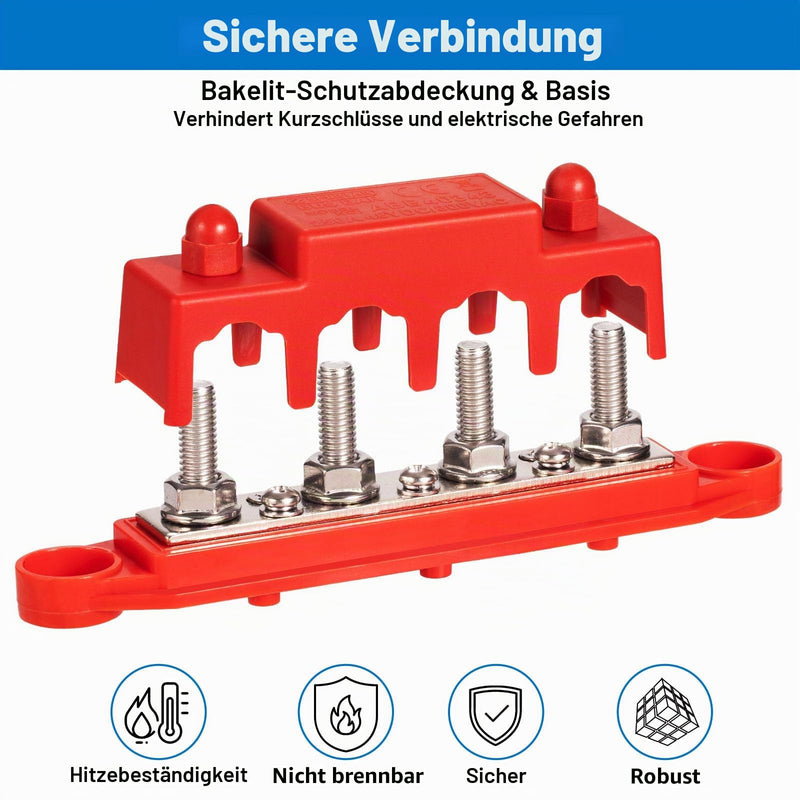 Spurtar busbar power distribution block 250A with cover, 4x M8 (5/16") clamping bolts, 3x M4 screws, 12V 24V 48V battery busbar for cars, trucks, motorhomes, boats | 250 A, 12-48 V DC, heavy duty, large design for battery systems in cars, caravans,...
