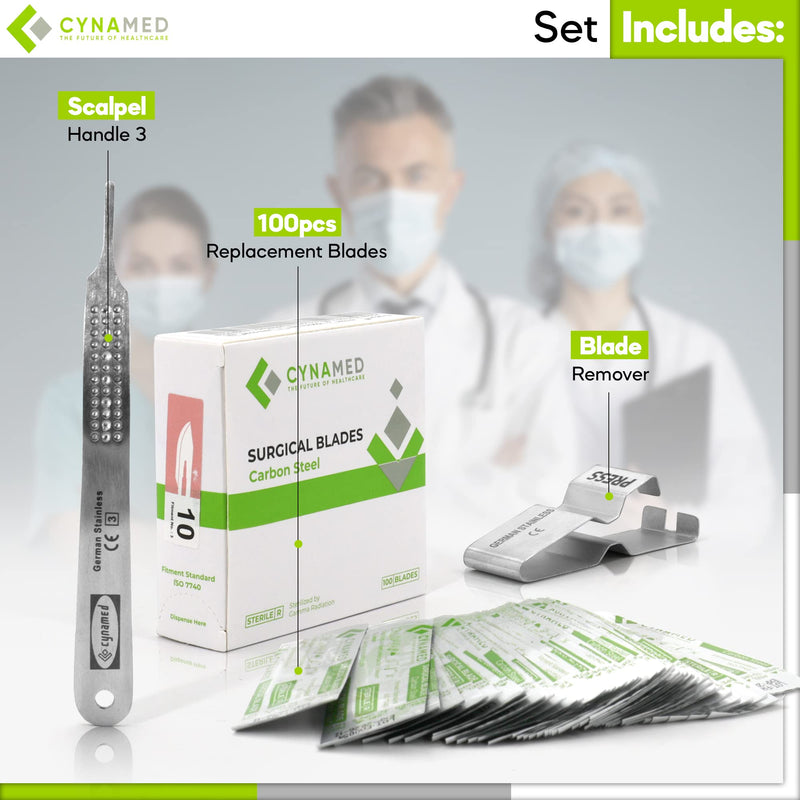 [Australia - AusPower] - Cynamed 3-Piece Professional Dermaplaning Tool Kit - Stainless Steel Scalpel Handle 3, Blade Remover, 100 Surgical Dermaplane Blades - Skin Exfoliation & Vellus Hair Removal - Dermatologist Supplies 