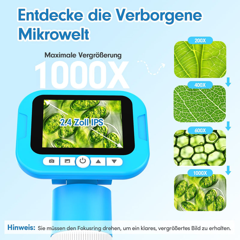 FINIBO Digital Microscope for Children, 1000X, 2.4 Inch Screen, Children's Microscope for Learning & Discovery, with USB Photo & Video Recording, Toy from 6 Years, Boys & Girls | Children's microscope for learning and discovering, with USB photo and vi...