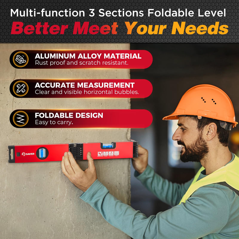 [Australia - AusPower] - Saker Multi-function Foldable Level, 24-Inch Leveler Tool,Gifts for Men,Multi-Angle Measurement Woodworking Tools,Folding Level Tool for Precise Leveling NEW 3 Sections Foldable Level 