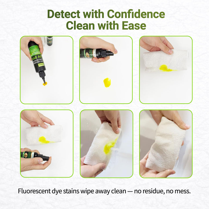 Automotive UV Leak Detector Dye Kit, 150ml High Visibility Tracer for Radiator Coolant Systems Hose Heater Core Water Pump and AC, Includes Dye Cleaner and Gloves 1 150ml+50ml