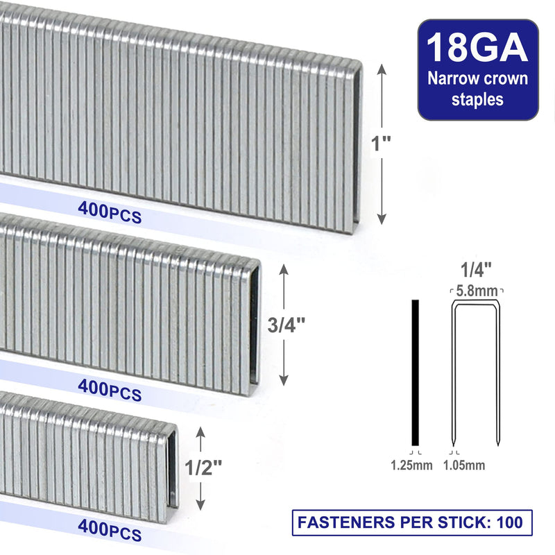 [Australia - AusPower] - 18 Gauge 1800PCS,1/4" Narrow Crown Staples (1/2"- 400; 3/4"- 400; 1"- 400) and Brad Nails (5/8"-300,3/4"-300), Suitable for Most Brand of 18 Gauge Stapler 