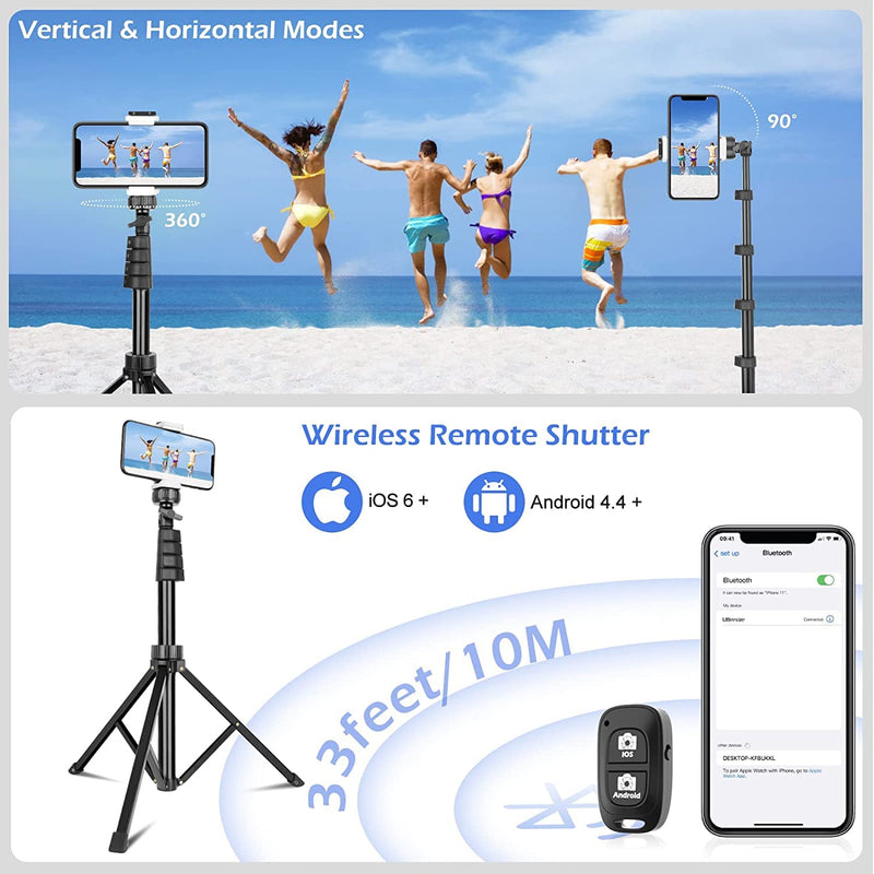 [Australia - AusPower] - SENSYNE 62" Phone Tripod & Selfie Stick, Extendable Cell Phone Tripod Stand with Wireless Remote and Phone Holder, Compatible with iPhone Android Phone, Camera 62in Black 