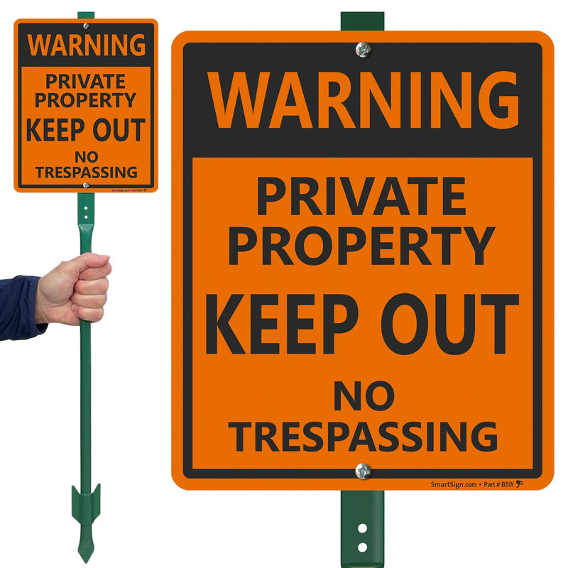 SmartSign 12 x 10 inch “Warning - Private Property, Keep Out, No Trespassing” LawnBoss Yard Sign with 3 foot Stake, 40 mil Laminated Rustproof Aluminum, Black and Orange, Set of 1