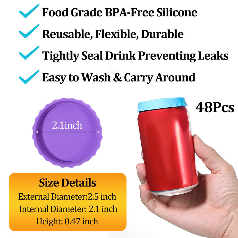 48pcs Silicone Soda Lid Set, 6 Colors Reusable Spill-Proof Drink Can Covers, Food Grade Flexible Protector for Cola Beer Juice Energy Beverages 48