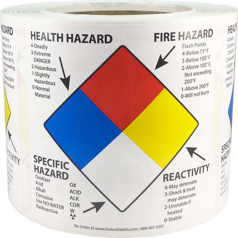 Right to Know Labels Health Fire Reactivity Specific Hazard, 4 x 4 Inch Square Adhesive Stickers, 500 Total Hazard Labels on a Roll for Workplace Safety and Compliance – Made in the USA