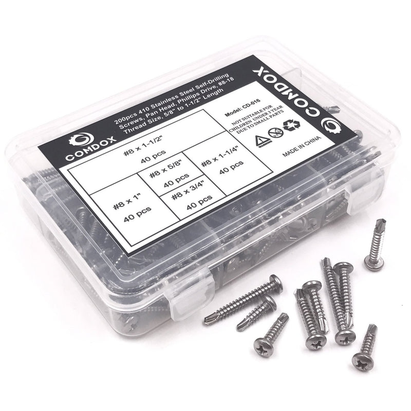410 Stainless Steel Self Drilling Screws Kit Set, Pan Head Phillips Sheet Metal Tek Screws Assortment Kit, Modified Truss Head, #8-18 Thread Size, 5/8" to 1-1/2" Length (Pack of 200)