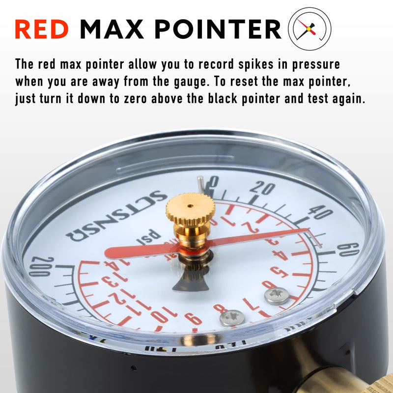 [Australia - AusPower] - 0 to 200 Psi Water Pressure Test Gauge with Red Max Pointer, 2.5 inch Dial Size, 3/4 inch Female Garden Hose Thread, Black Steel Case, Inspector for Home Hose Bib, House Water Tube, Spigot 