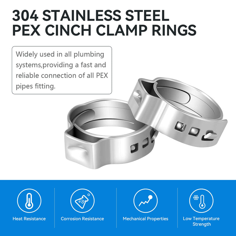 [Australia - AusPower] - 100 Pack 1/2 Inch Pex Cinch Clamp Rings,Premium 304 Stainless Steel PEX Crimp Ring,Pex Fitting Clamps Pinch Ring for PEX Tubing Pipe Fittings Connection 1/2inch(100Pack) 