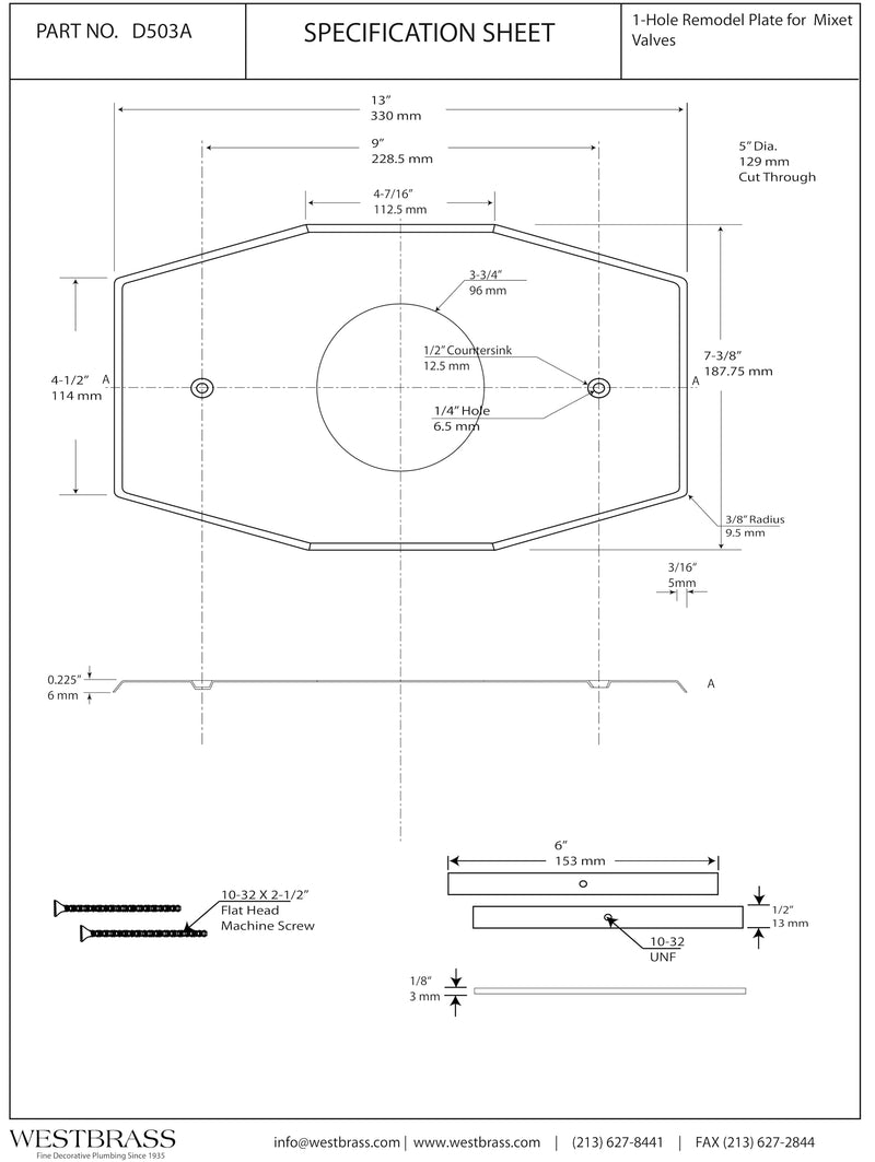 Westbrass A503-01 One-Hole Remodel Cover Plate for Mixet Bathtub and Shower Valves, Polished Brass