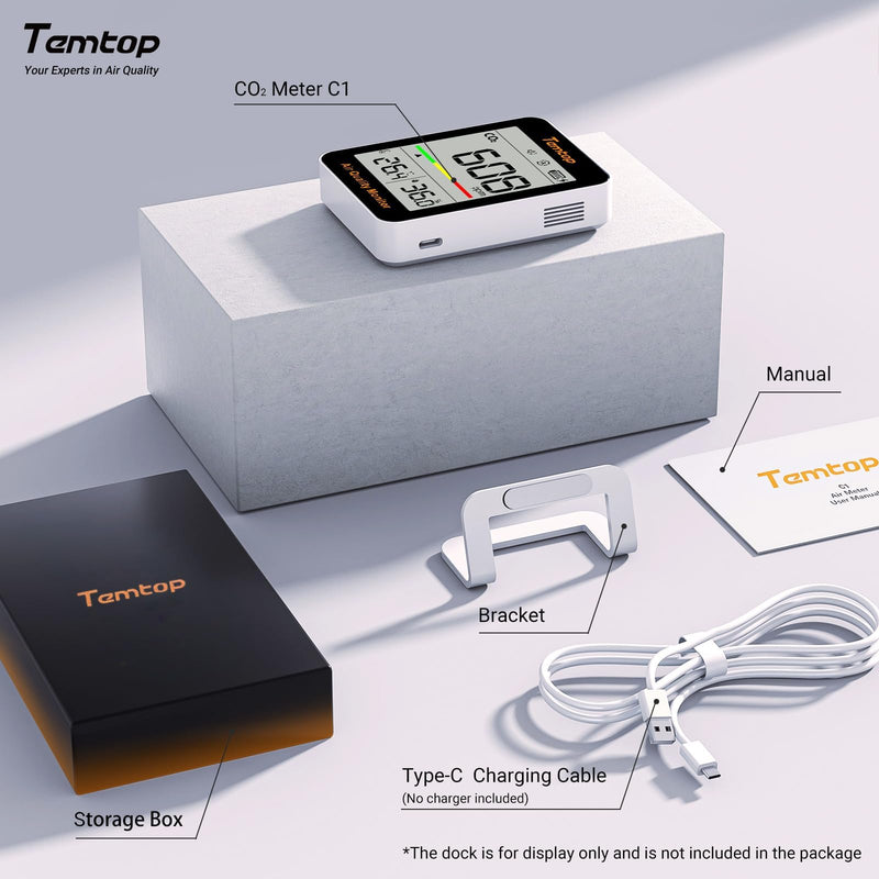 Temtop C1 CO₂ Meter with CO2 Monitor, Thermometer & Hygrometer - Precise Measurement for Air Quality in Home, Office, School Without APP CO₂ Temp. & Humidity