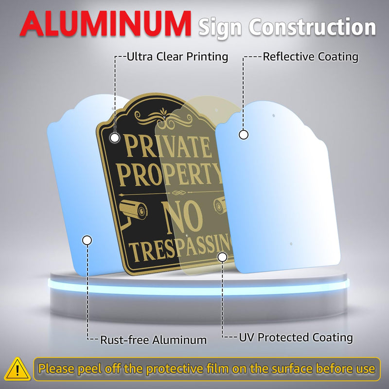 Faittoo Large No Trespassing Sign Private Property with 54" Metal Thick Stake, 12"x12" Rust Free Heavy Aluminum, Reflective, Fade Resistant, Easy to Mount, Outdoor Use Black Gold - 1 Pack