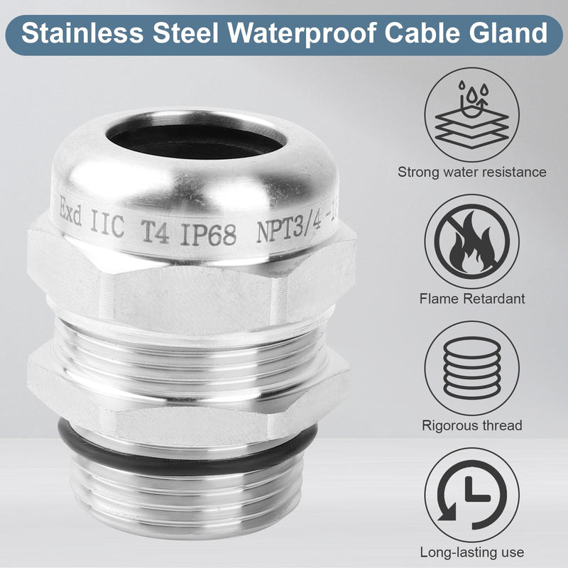 [Australia - AusPower] - NPT 3/4" Stainless Steel Waterproof Cable Gland IP68 Waterproof Cable Gland Adjustable 13-18mm Cable Gland Protectors - 2 Pcs NPT 3/4" 