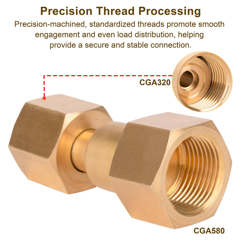 CGA-320 to CGA-580 Adapter, Carbon Dioxide Bottom to Argon Nitrogen Regulator Flowmeter Thread Converter, CO2 to Argon Tank Adaptor Connect Fittings for Welding Gas Regulator Flow Meter Brass