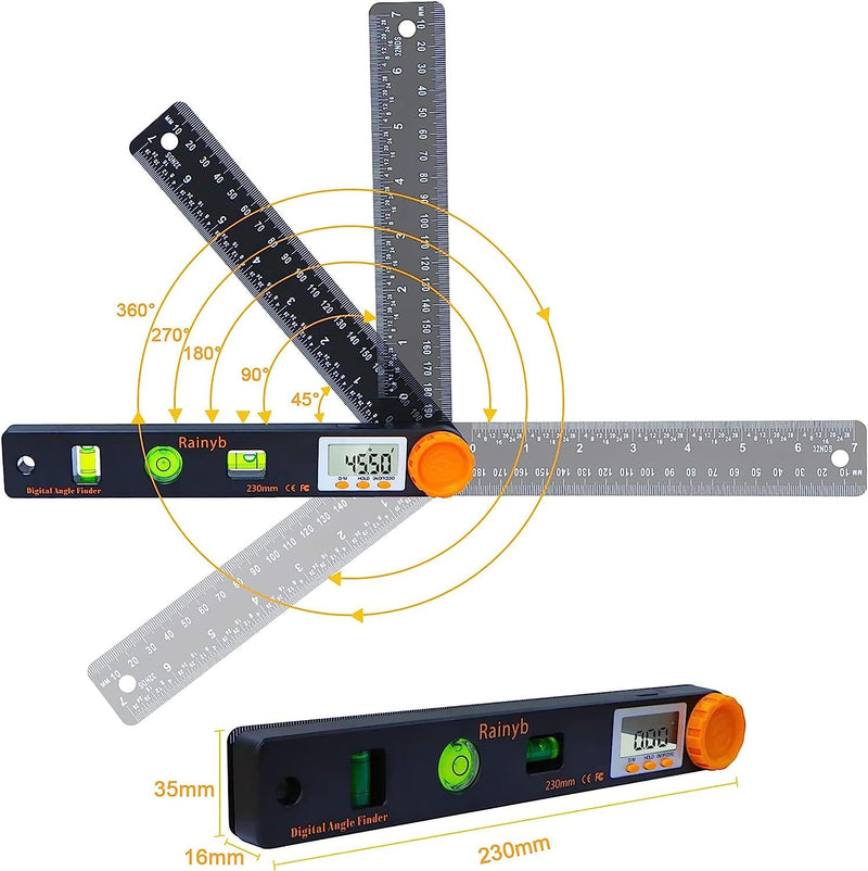[Australia - AusPower] - Rainyb Digital Angle Finder Tool 7inch 0-360 degree LCD Digital Protractor with Horizontal Vertical Bubble Levels and Ruler Meter Accurate Tools for Carpenters,Woodworkers,Fabricators（7-Inch X 2Pcs） 7inch Angle Finder X 2 