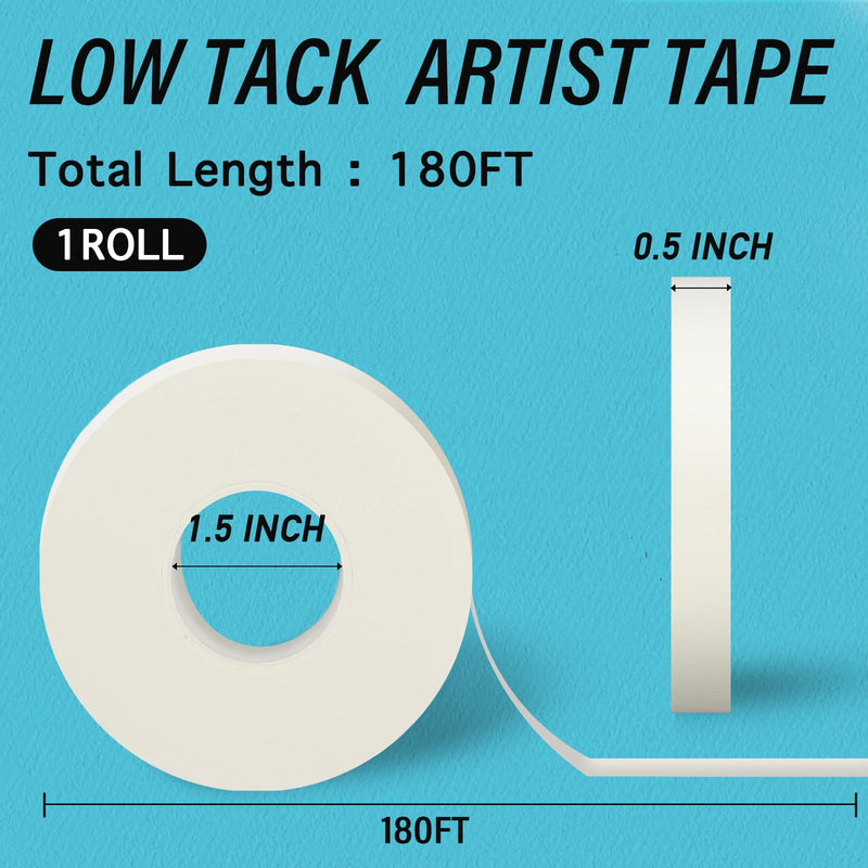 GEYYANG Artist Tape for Watercolor Paper, 1/2 inch Wide 180FT Long, White Masking Art Tape for Drafting Art and Painting Canvas Framing, Acid Free, Low Tack 0.5inch