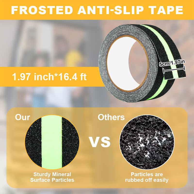 flintronic Anti Slip Grip Tape, 2" x 16.5FT Non-Slip Traction Tapes with Glow in The Dark, Strong Adhesive Traction Tape, Abrasive Adhesive for Outdoor/Indoor Stairs Floors Ramps (2PC) 5cm*5m-2pc #2 Black Reflective -2pc