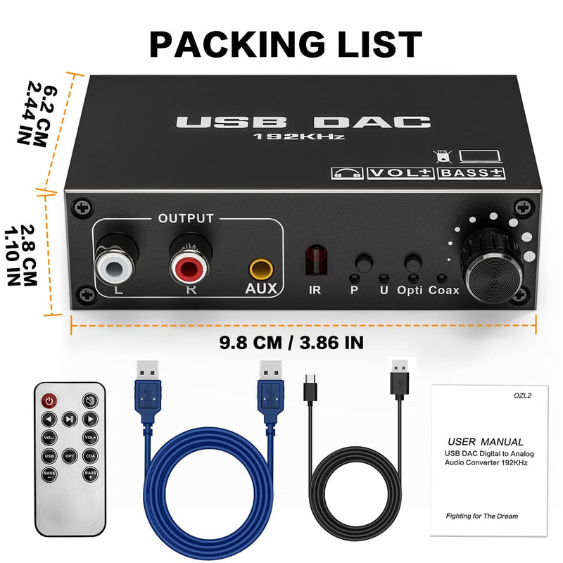 [Australia - AusPower] - Tendak USB Audio Converter,192KHz DAC Digital to Analog Converter with Volume Control,Bass Adjustment,Remote Control,USB Optical SPDIF Coaxial to Analog Stereo RCA L/R and 3.5mm Jack Audio Adapter 