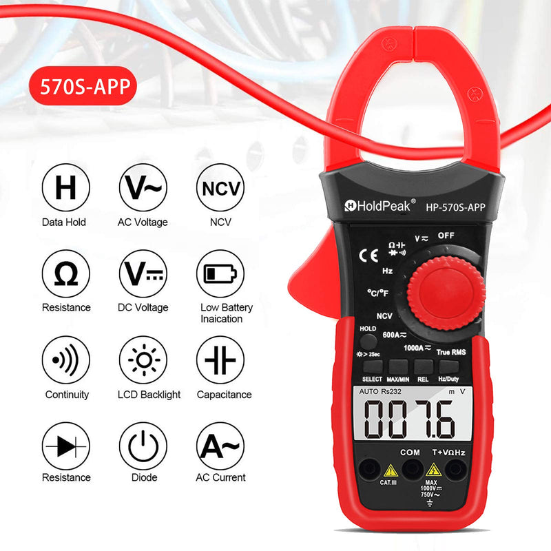 [Australia - AusPower] - HOLAPEAK Digital Clamp Multimeter Connect with APP via Bluetooth HP-570S-APP Voltage Multimeter with Amp Ohm Tester, 6000 Count with NCV, Auto Range, AC/DC Voltage AC/DC Current,Resistance 