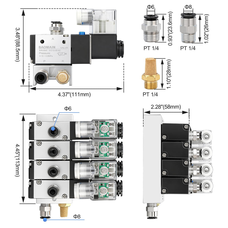 Baomain 4 Station Solenoid Valve Manifold, 12V DC 3 Way 2 Position Pneumatic Air Valve, Four Solenoid, 1/4" PT Port, Includes Manifold Base & Mufflers, 3V210-08 4-Station Valve Kit