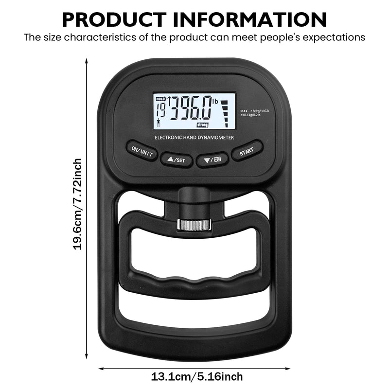 Digital Hand Dynamometer: Hand Dynamometer with LED Screen 396 lb/180 kg, Electronic Hand Grip Strength Tester Grip for Athletes and Home Use