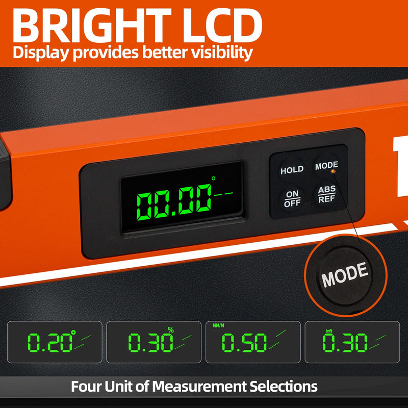 [Australia - AusPower] - 16inch Digital Level with LCD Display - Bubble Light Up Function - Multi Purpose:Magnetic Torpedo Level, Angle Finder 0-90° & 0-180° Range -Leveler Tool for Woodwork,Saw & Home Leveling 
