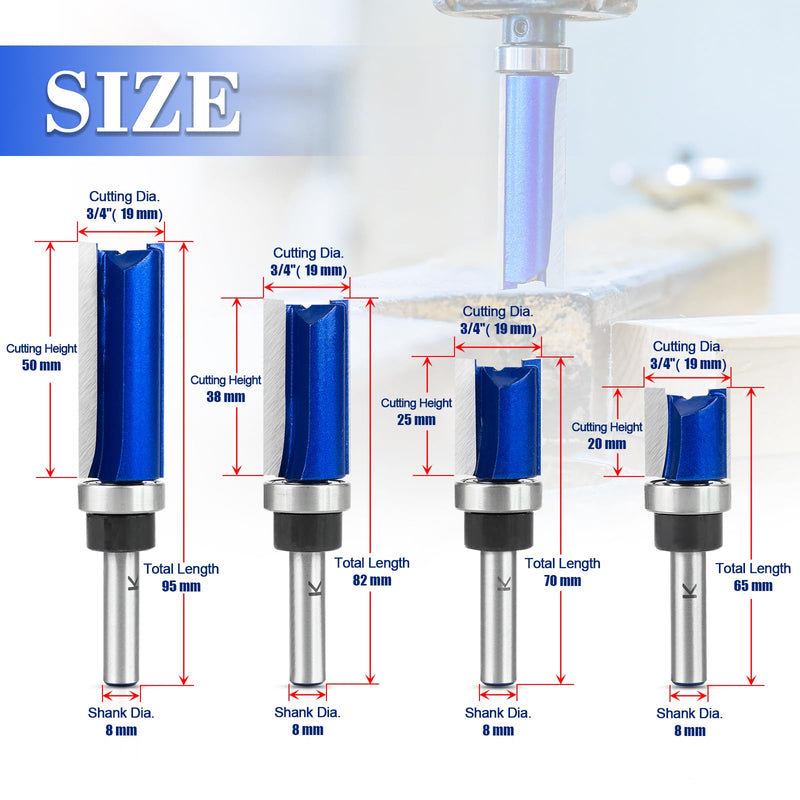 [Australia - AusPower] - NICAVKIT Set of 4 flush cutter, 8 mm shank, working length 20/25/38/50 mm, copy cutter, edges copy cutter with ball bearing, flush cutter set, wood cutter router bit Lower bearing design 