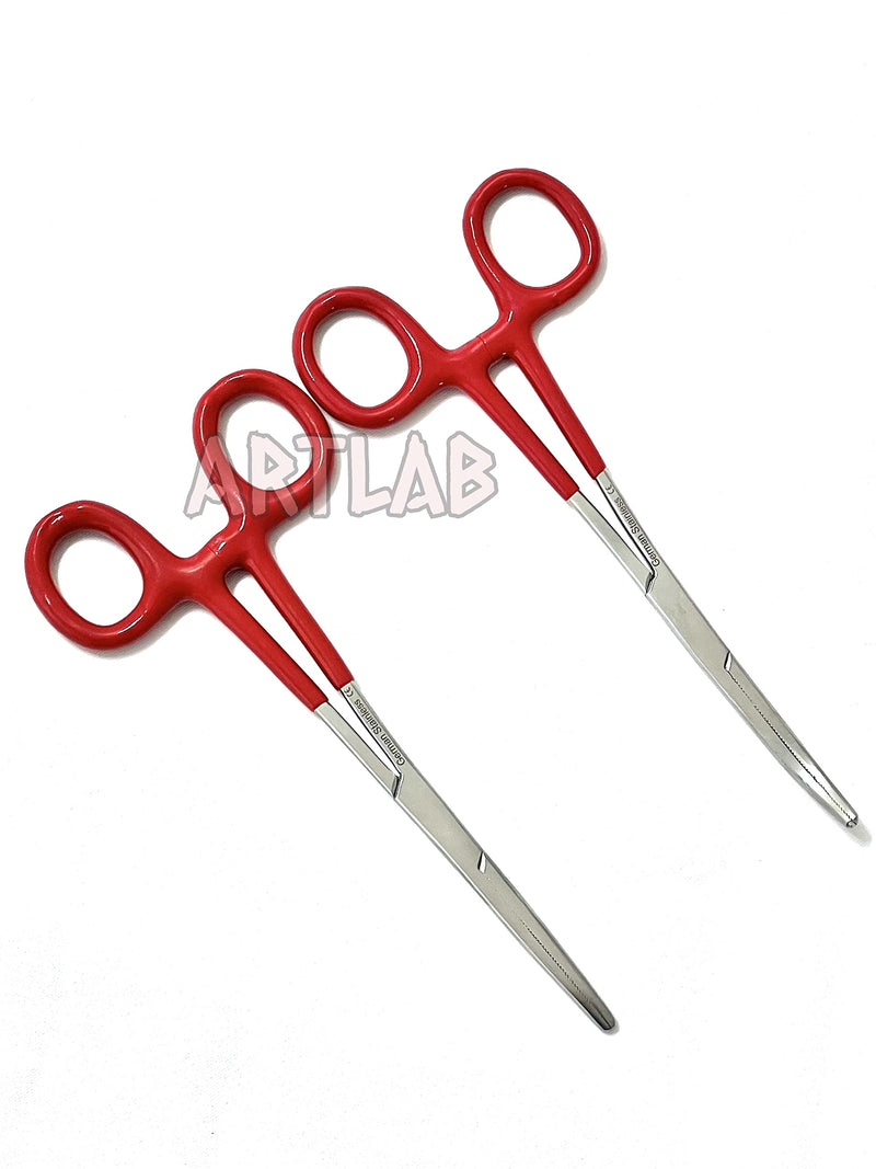 German Vinyl Grip Locking Straight & Curved Hemostat -Hemostat Forceps- Stainless Steel Locking Tweezer Clamps - Ideal Hemostats for Nurses, Fishing Forceps, Crafts and Hobby (RED STR+CVD 6.25") RED STR+CVD 6.25"