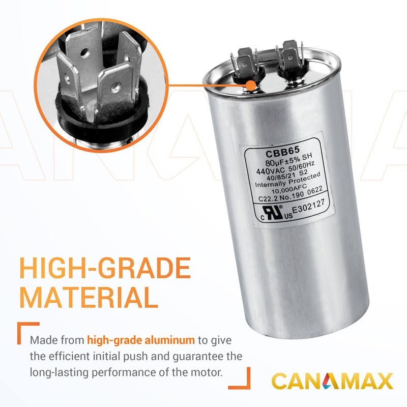 80 uF ± 5% 80 MFD 370-440 VAC (3~80 uF Options Available) CBB65 Run Start Capacitor 50/60 Hz AC Electric - Compatible with Single Phase Motor Capacitors Condenser Straight Cool or Air Conditioner 80uf